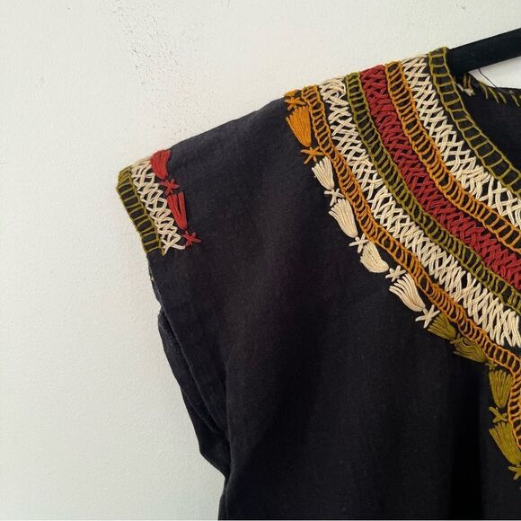 Black Neutral Embroidered Bohemian Hippie Drop Sleeve T-Shirt - Picture 3 of 6